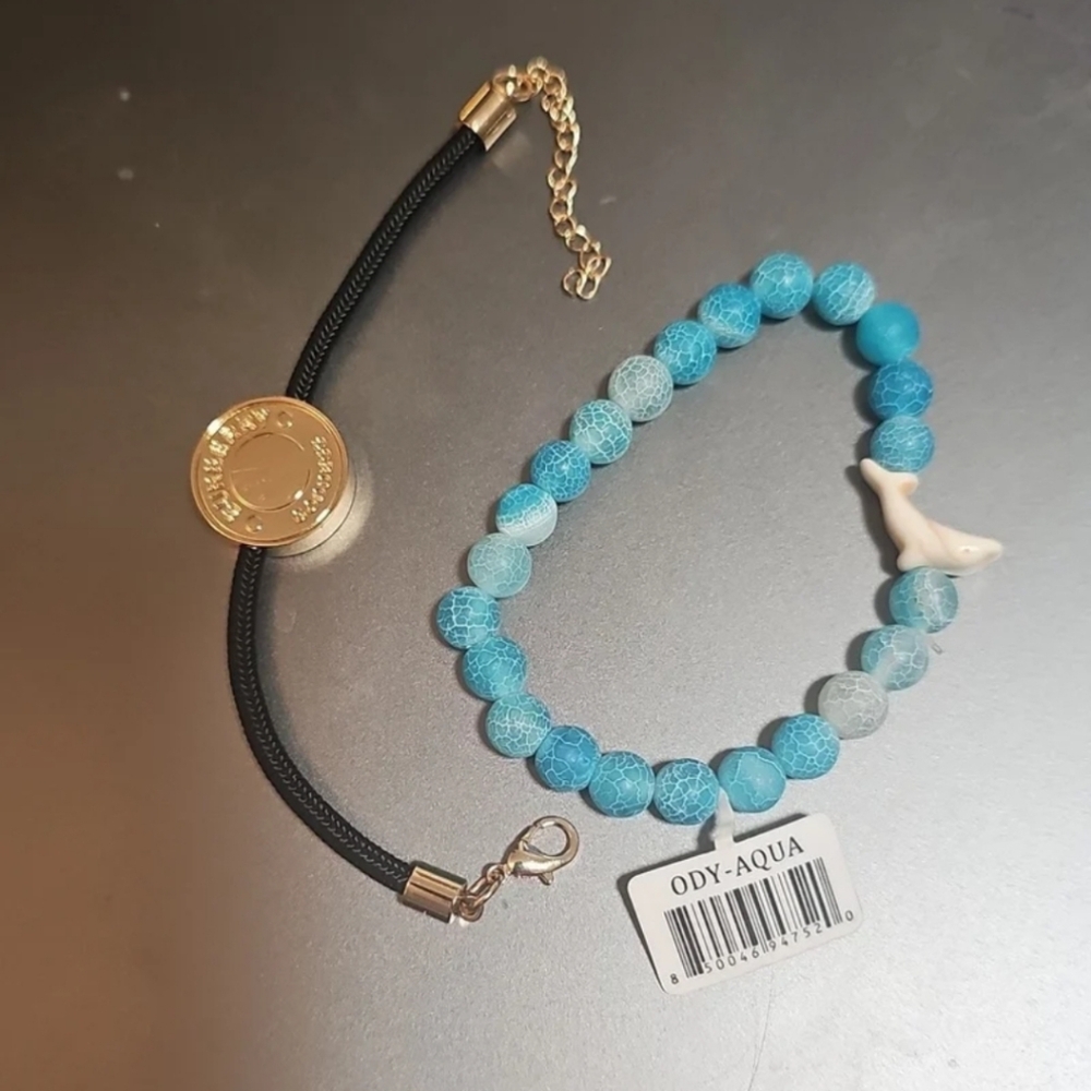 Burberry Goddess Bracelet Elegant Gold Tone Charm Black Cord & Fahlo Dolphin
